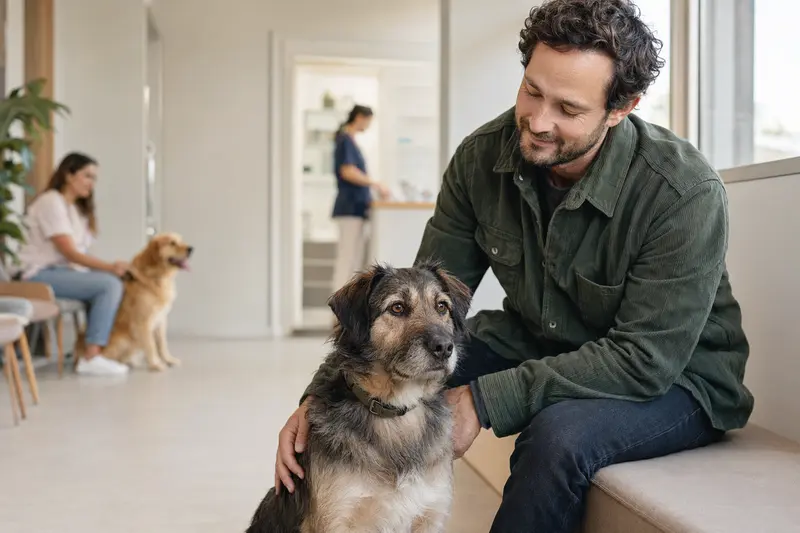 Ein Viringo Hund sitzt ruhig neben seinem Besitzer in einem hellen Wartezimmer einer modernen Tierarztpraxis.